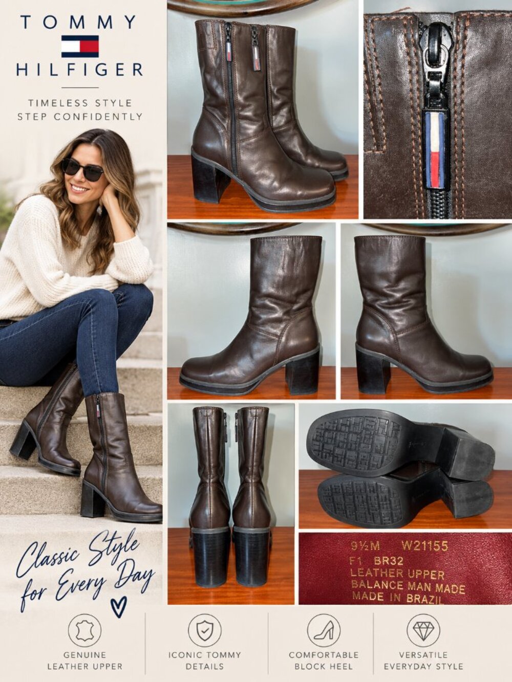 Tommy Hilfiger Brown Leather Mid-Calf Boots Women’s 9.5M Block Heel